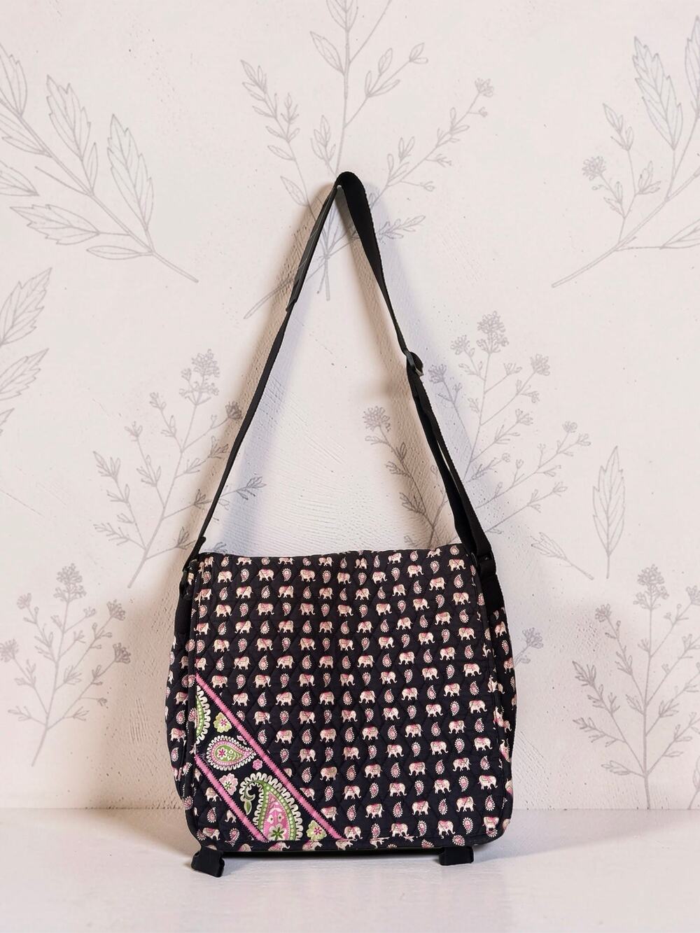 Vera Bradley Pink Elephants Messenger Crossbody Bag Retired Quilted Paisley